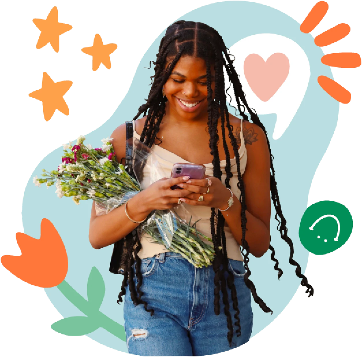 Smiling woman holding a bouquet while reading a text, surrounded by stars, a tulip and a heart